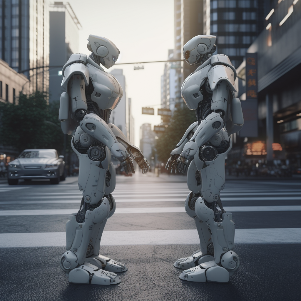 Two robots chatting on the street