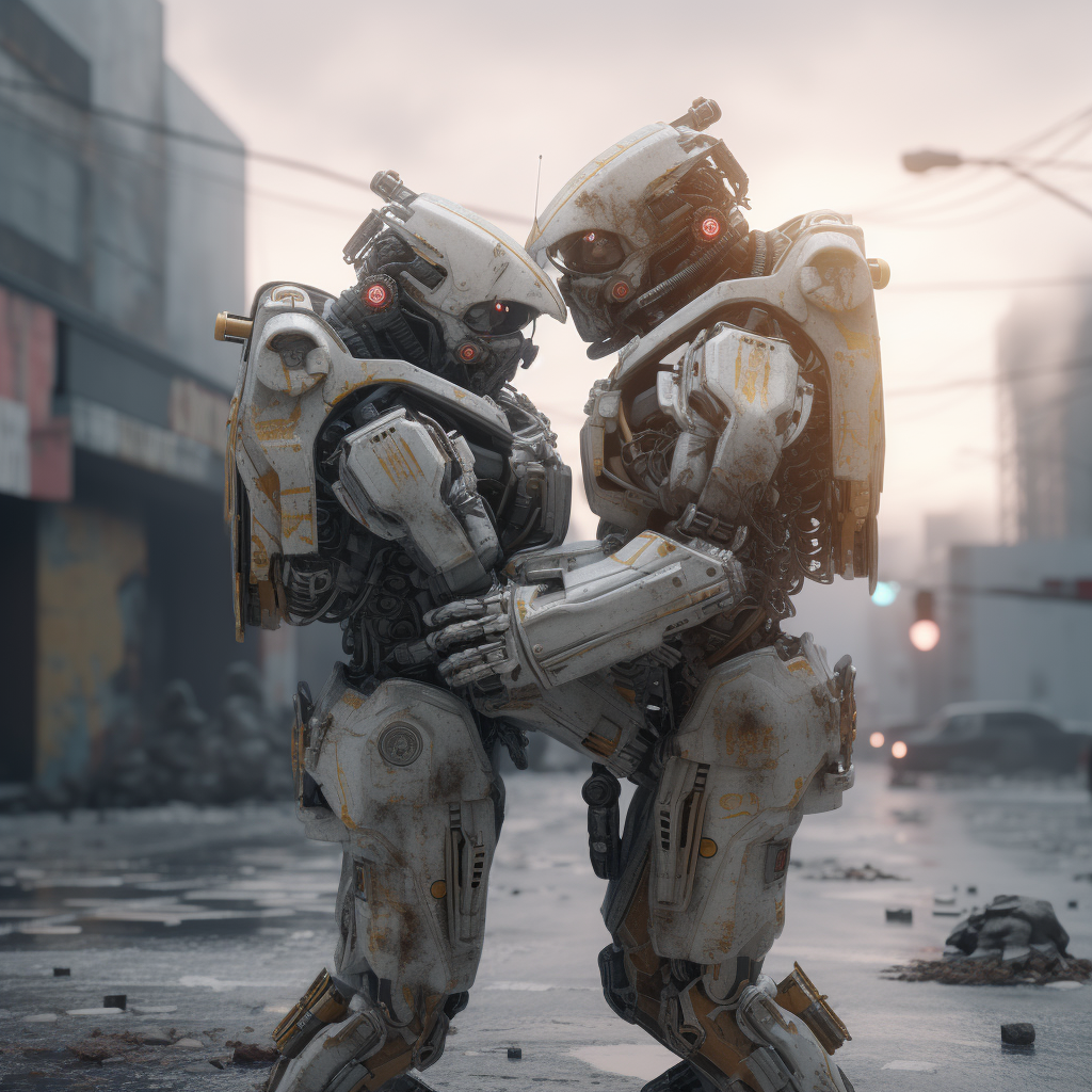Two robots hugging in a war zone