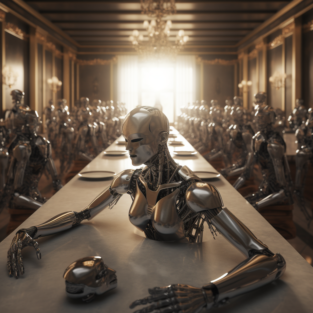 A robot emerging from a table at a banquet of robots