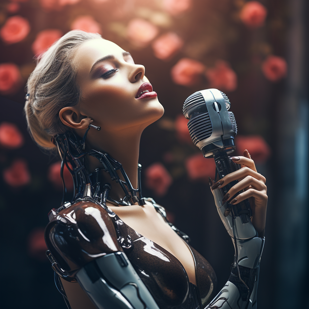 A robot singing into a microphone